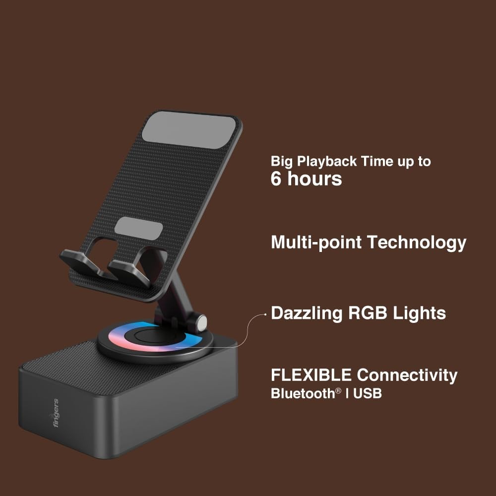 FINGERS Mini MOT (My-Own-TV) Bluetooth & USB Portable Speaker-Cum-Mobile Stand with 360° Rotation (Dazzling RGB Lights, 6-Hour Playback, Built-in Mic) - Rich Black