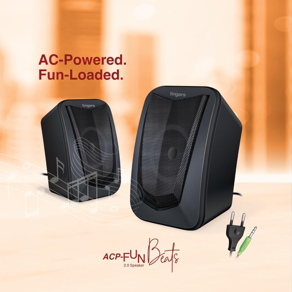 FINGERS ACP-FunBeats 2.0 Compact Computer Speakers for PC & Laptop with Powerful Bass, Crystal-Clear Sound, AC Power, Plug & Play Setup, Stylish Desktop Speaker System - (Black)