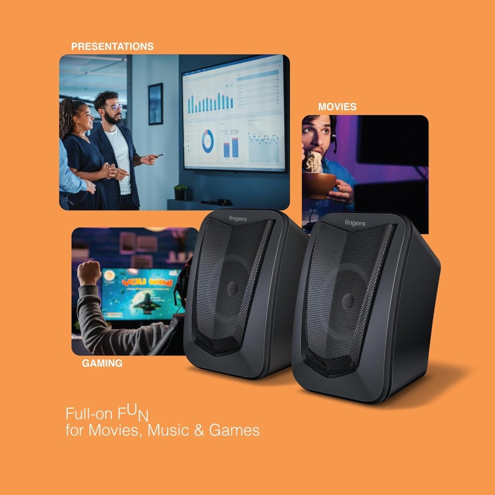 FINGERS ACP-FunBeats 2.0 Compact Computer Speakers for PC & Laptop with Powerful Bass, Crystal-Clear Sound, AC Power, Plug & Play Setup, Stylish Desktop Speaker System - (Black)