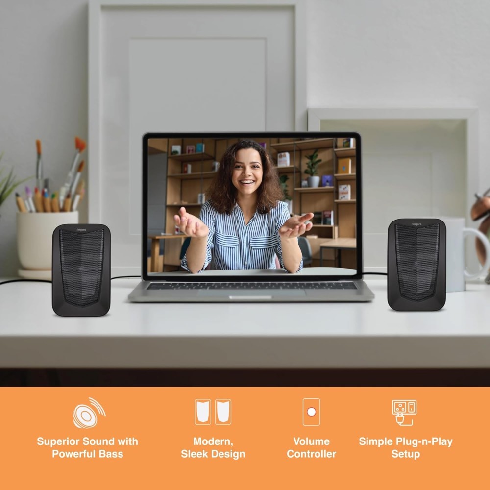 FINGERS ACP-FunBeats 2.0 Compact Computer Speakers for PC & Laptop with Powerful Bass, Crystal-Clear Sound, AC Power, Plug & Play Setup, Stylish Desktop Speaker System - (Black)
