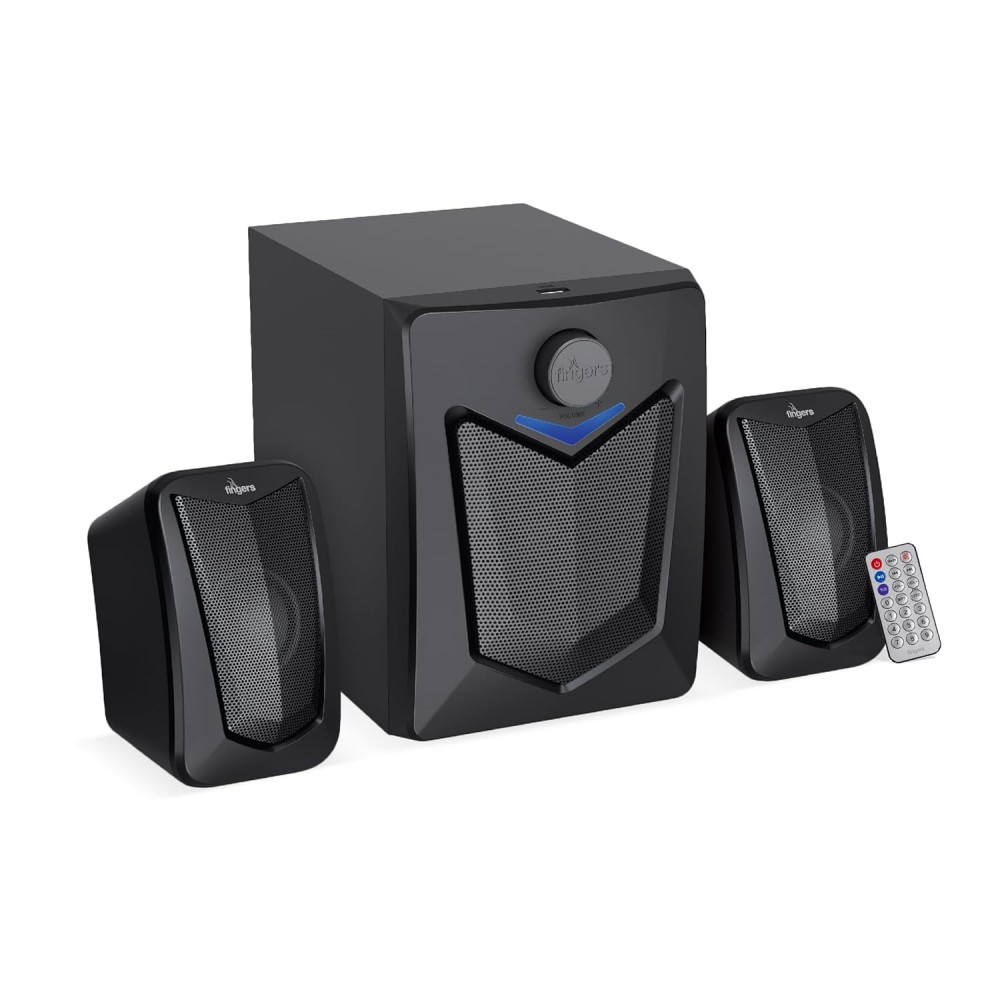 FINGERS Eleganx 2.1 Multimedia Speaker System with Wood-Encased Subwoofer, 15W Powerful Bass, Bluetooth, AUX, FM Radio, USB & Remote Control – (Classic Black)