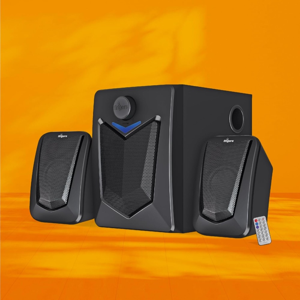 FINGERS Eleganx 2.1 Multimedia Speaker System with Wood-Encased Subwoofer, 15W Powerful Bass, Bluetooth, AUX, FM Radio, USB & Remote Control – (Classic Black)