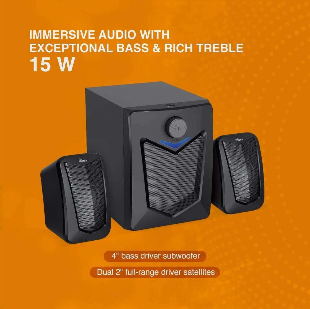 FINGERS Eleganx 2.1 Multimedia Speaker System with Wood-Encased Subwoofer, 15W Powerful Bass, Bluetooth, AUX, FM Radio, USB & Remote Control – (Classic Black)