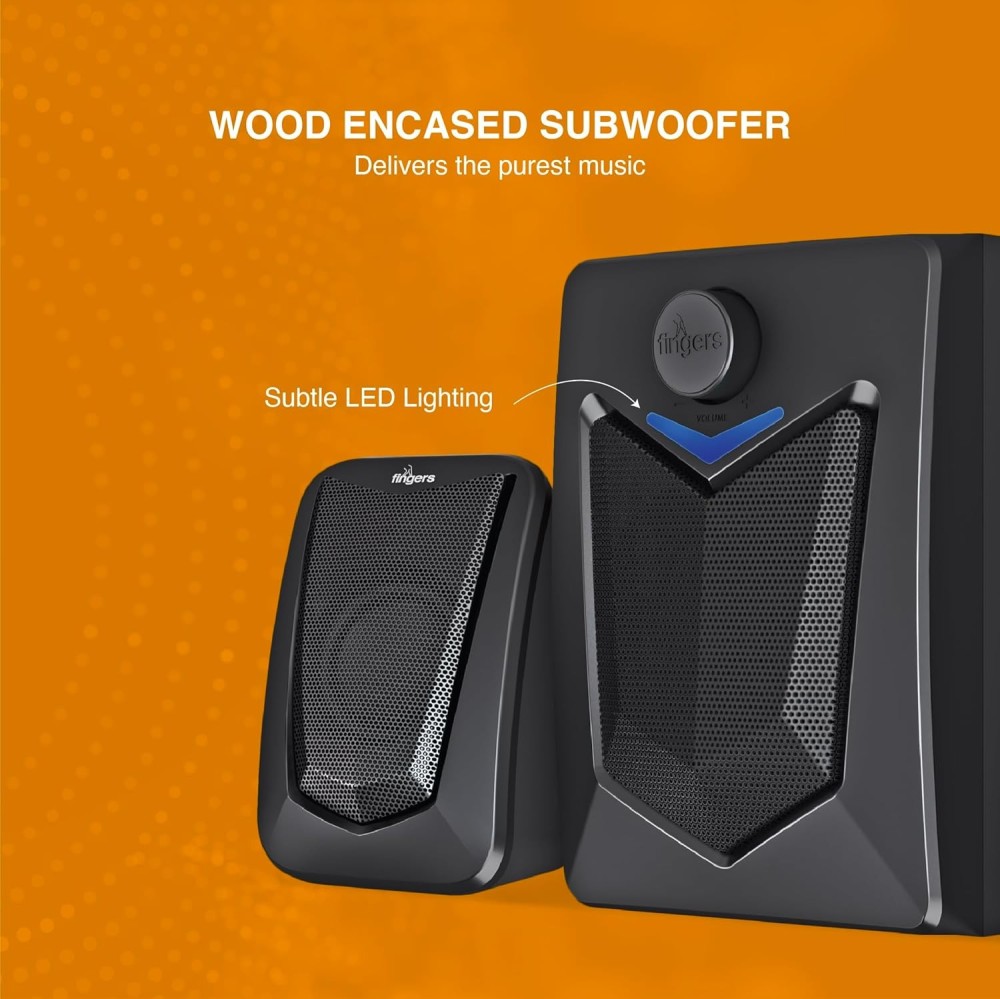 FINGERS Eleganx 2.1 Multimedia Speaker System with Wood-Encased Subwoofer, 15W Powerful Bass, Bluetooth, AUX, FM Radio, USB & Remote Control – (Classic Black)