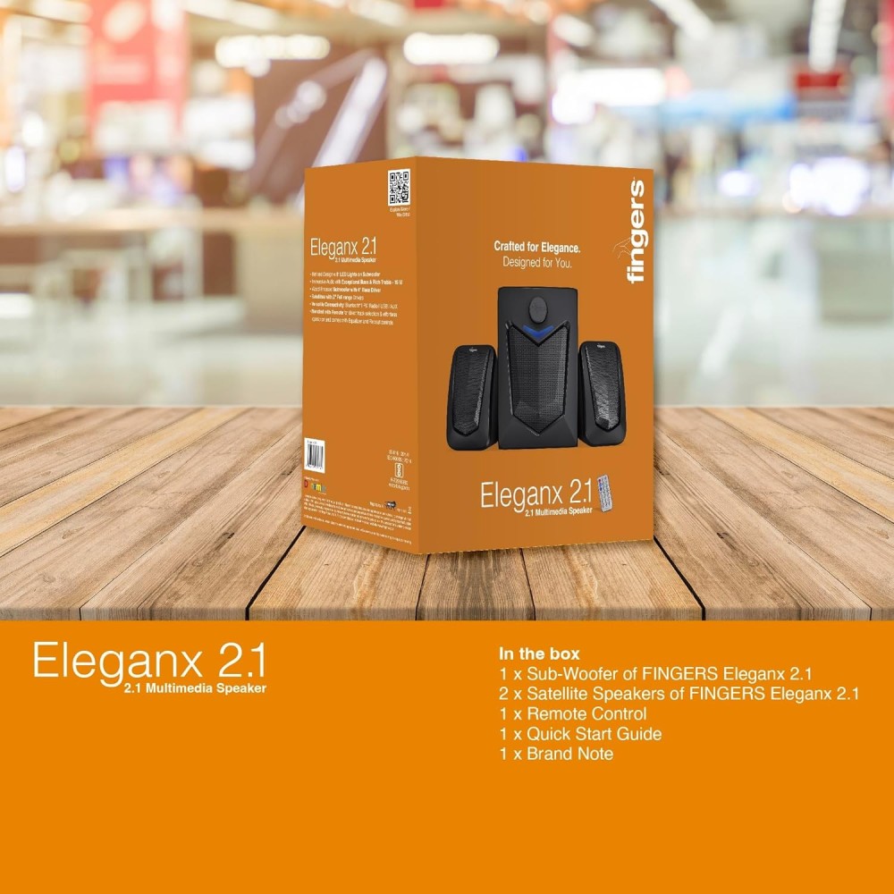 FINGERS Eleganx 2.1 Multimedia Speaker System with Wood-Encased Subwoofer, 15W Powerful Bass, Bluetooth, AUX, FM Radio, USB & Remote Control – (Classic Black)