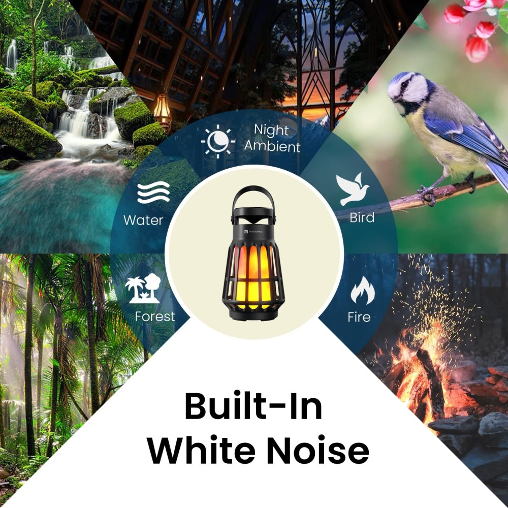 Portronics Dash 6 15W Bluetooth Speaker with Built-in White Noise Machine & Flame LED Night Lamp, TWS Mode, Bluetooth 5.3, Up to 6 Hours Playback, Water Resistant Camping Lantern – (Black)