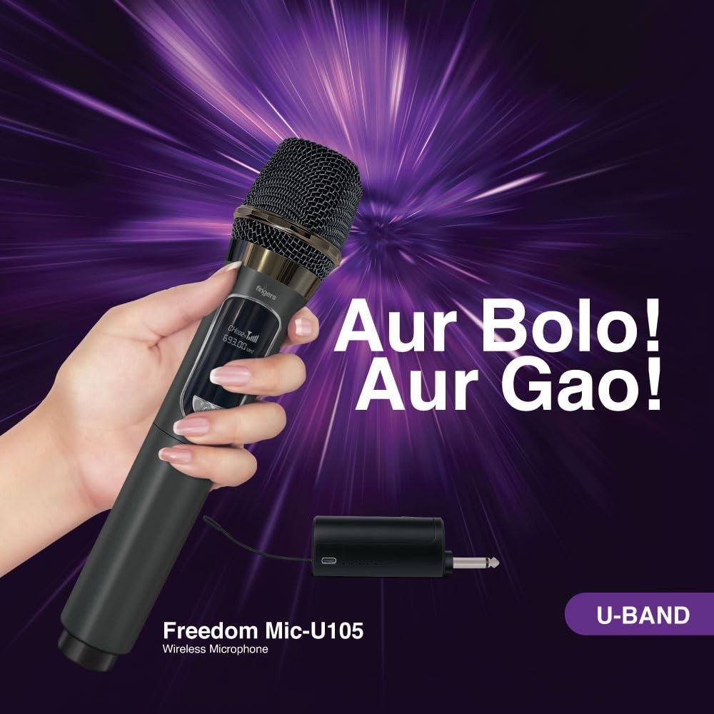 FINGERS Freedom Mic-U105 Wireless Microphone with 6.35 mm pin Receiver (U-Band @ UHF 693 MHz, Big Rechargeable Battery 1200mAh for Both Receiver & Mic, 10-Hour Battery Life, 50 m Working Dist
