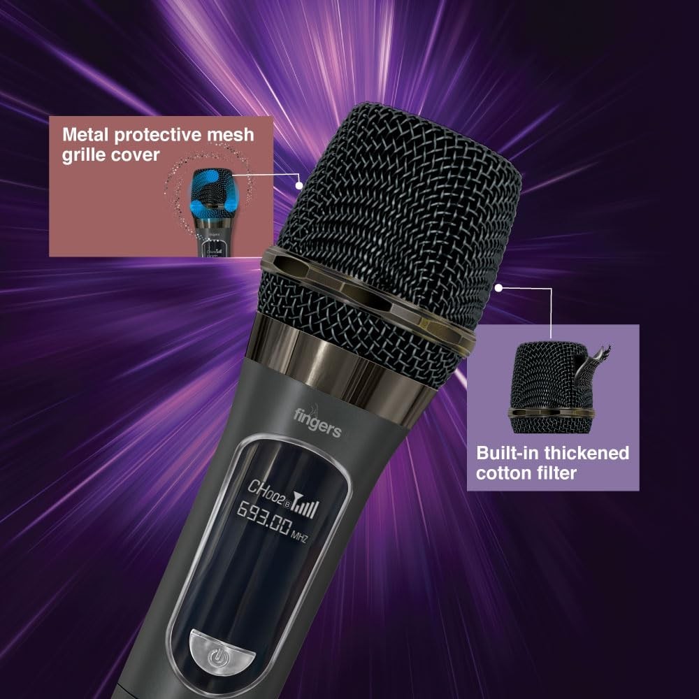 FINGERS Freedom Mic-U105 Wireless Microphone with 6.35 mm pin Receiver (U-Band @ UHF 693 MHz, Big Rechargeable Battery 1200mAh for Both Receiver & Mic, 10-Hour Battery Life, 50 m Working Dist