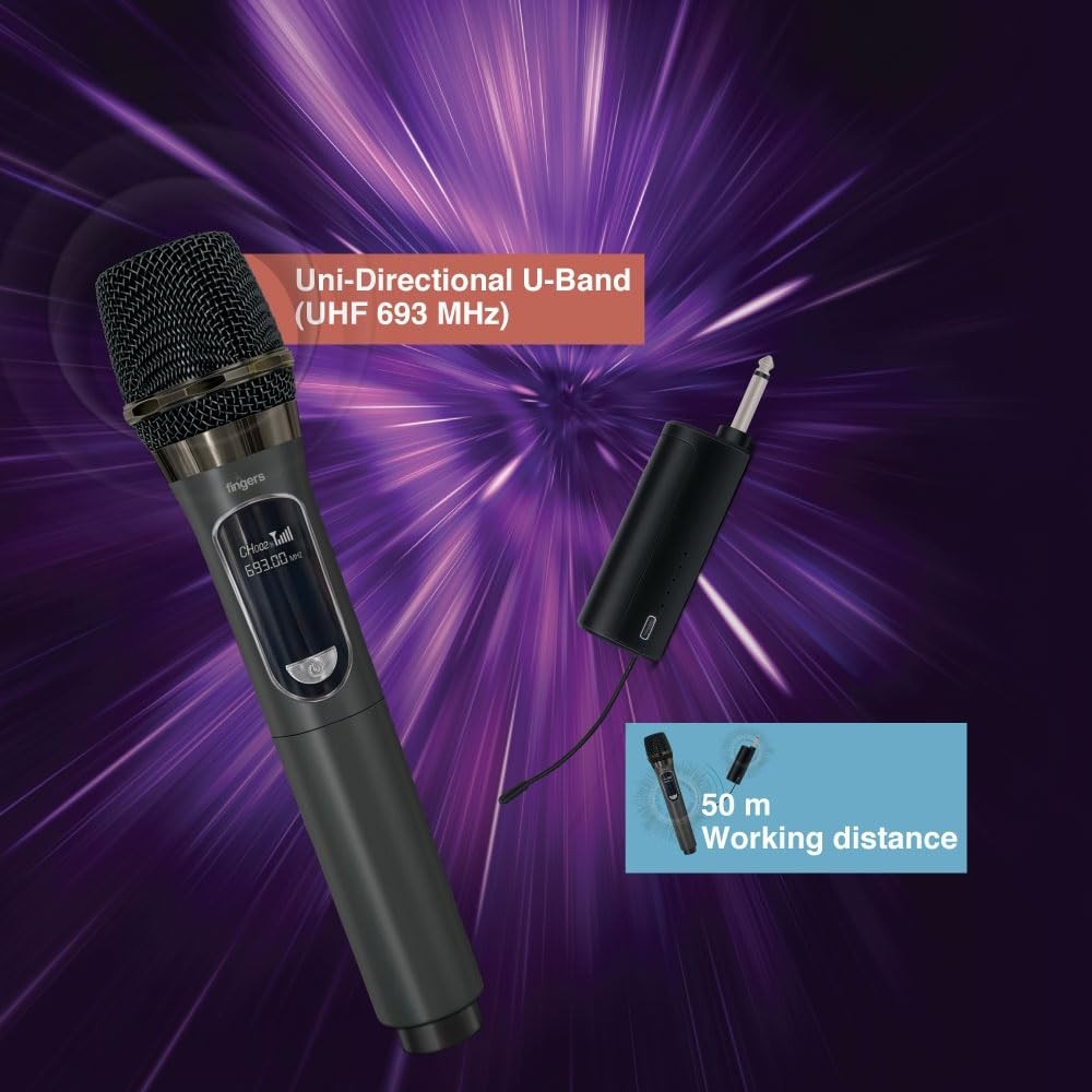 FINGERS Freedom Mic-U105 Wireless Microphone with 6.35 mm pin Receiver (U-Band @ UHF 693 MHz, Big Rechargeable Battery 1200mAh for Both Receiver & Mic, 10-Hour Battery Life, 50 m Working Dist