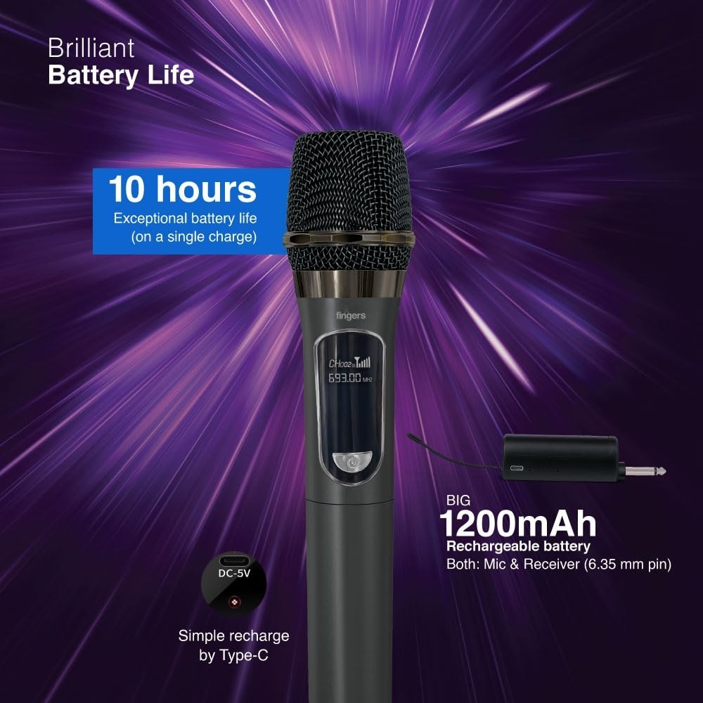 FINGERS Freedom Mic-U105 Wireless Microphone with 6.35 mm pin Receiver (U-Band @ UHF 693 MHz, Big Rechargeable Battery 1200mAh for Both Receiver & Mic, 10-Hour Battery Life, 50 m Working Dist