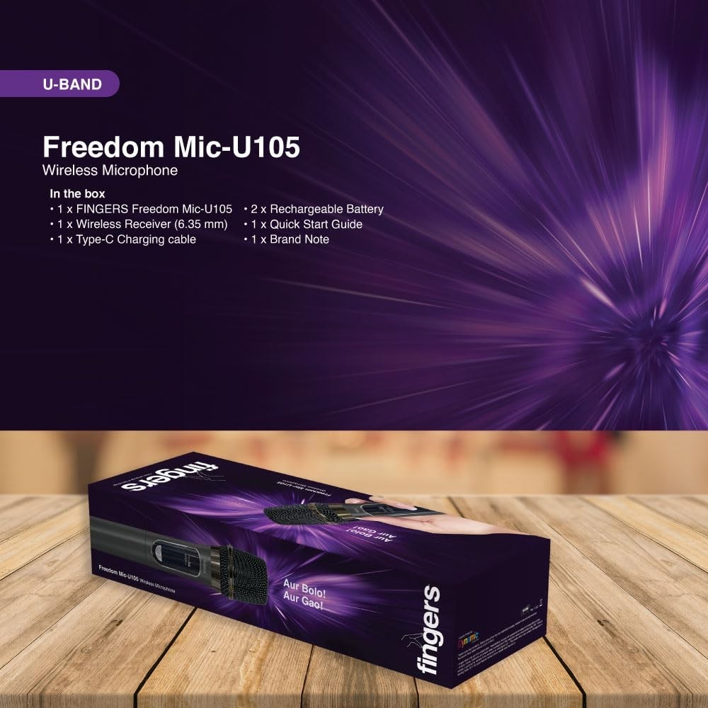 FINGERS Freedom Mic-U105 Wireless Microphone with 6.35 mm pin Receiver (U-Band @ UHF 693 MHz, Big Rechargeable Battery 1200mAh for Both Receiver & Mic, 10-Hour Battery Life, 50 m Working Dist