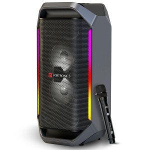 Portronics Dash 13 150W Portable Party Speaker with Wireless Karaoke Mic, 6 Hours Playtime, Bass Boost Technology, TWS Mode, RGB LED Lights, BT V5.3, USB/AUX in, Sturdy Metal Handles, Type C Charging