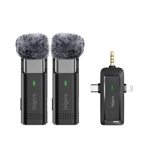 FINGERS PhoneMic-3C-2Mic Wireless Lavalier Microphone for Mobile Recording & Streaming (3-in-1 Receiver - Type-C, Lightning, 3.5mm, Noise Reduction, 20m Range, Wind-Muff Filters & Carry Case 