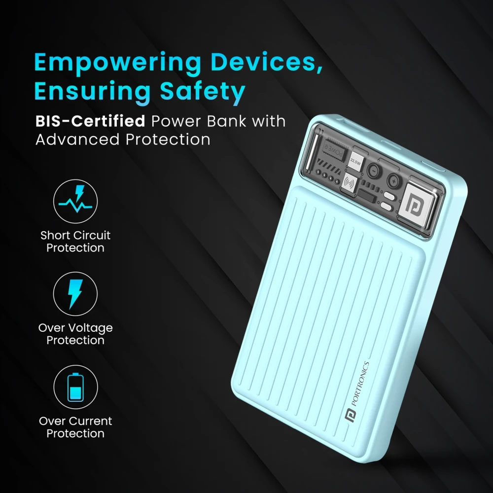 Portronics Luxcell Wireless Mini 10k 10000mAh 15W Magnetic Wireless Fast Charging Nano Power Bank with 22.5 Wired Output Compatible with iPhone 12 & Above & Other QI Enabled Devices(Blue)
