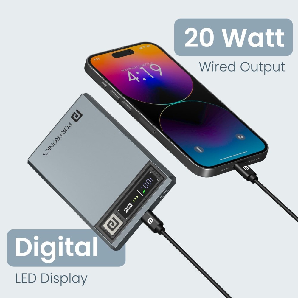 Portronics Magclick 5k 5000mAh Slim Magnetic Fast Charging Wireless Powerbank with 20W Wired Output, 15W Wireless Output, Best for iPhone 12 & Above, Android & Other Qi Enabled Devices + Magnetic Ring
