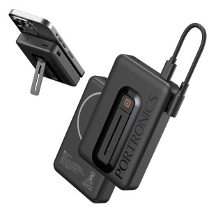 Portronics Revvo 15W Magsafe Wireless Powerbank 10000mAh Fast Charging Powerbank, Detachable Type C Cable, Mobile Stand, Type-C Input/Output PD Port, iPhone 12 & Above, Android & Qi Enabled Devices(Black)