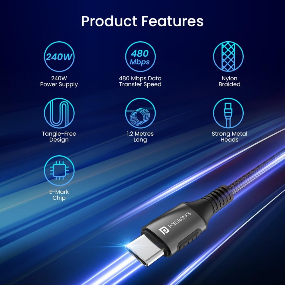 Portronics Konnect 240C Type-C to Type-C Fast Charging Cable (2 Meter, 240W)