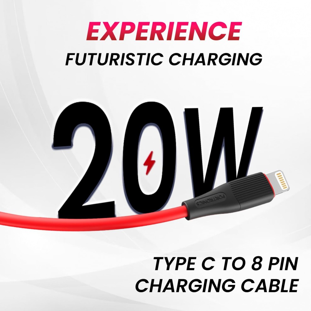 Portronics SilkLink 20W Type-C to 8-Pin Fast Charging Cable (1M, Red)