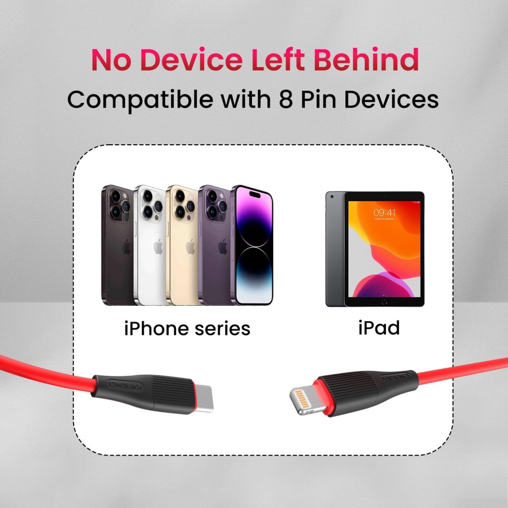 Portronics SilkLink 20W Type-C to 8-Pin Fast Charging Cable (1M, Red)