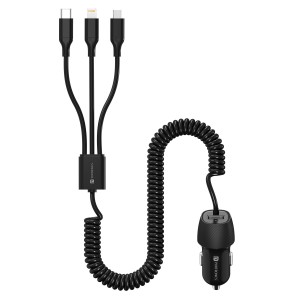Portronics Car Power 3X, 17W Car Charger with Built-in 3-in-1 Coiled Cable (Type-C, Lightning & Micro-USB), 17W USB-A Fast Car Charger, 4-Device Charging Adapter for iPhone, Android Phones, T