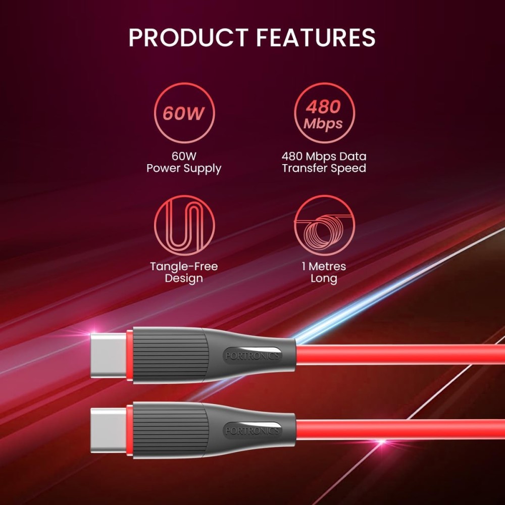 Portronics Silklink 60W PD Type-C to Type-C Fast Charging Cable (1 Meter, Red)