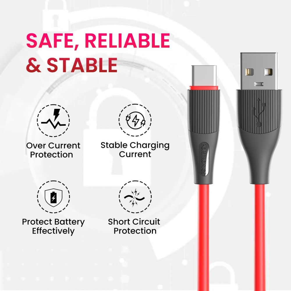 Portronics Silklink 3A USB to Type-C Fast Charging Cable (1 Meter, Red)