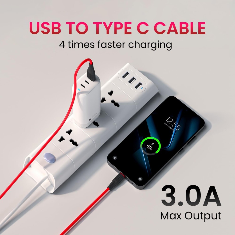 Portronics Silklink 3A USB to Type-C Fast Charging Cable (1 Meter, Red)