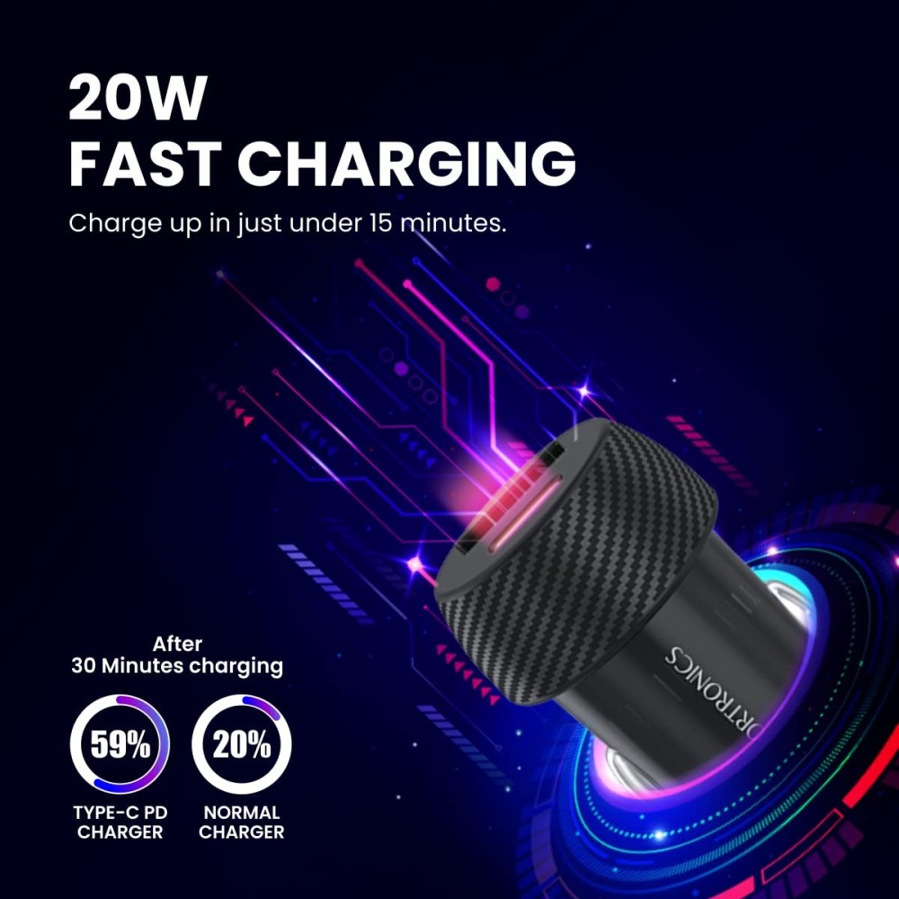 Portronics Car Power 7 20W Fast Car Charger with Dual Output (USB-C PD + USB-A), Fast Charging Car Adapter for iPhone, Android Smartphones & Tablets – (Black)