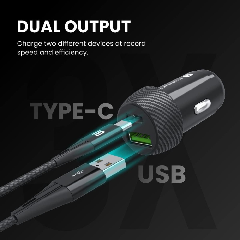 Portronics Car Power 7 20W Fast Car Charger with Dual Output (USB-C PD + USB-A), Fast Charging Car Adapter for iPhone, Android Smartphones & Tablets – (Black)