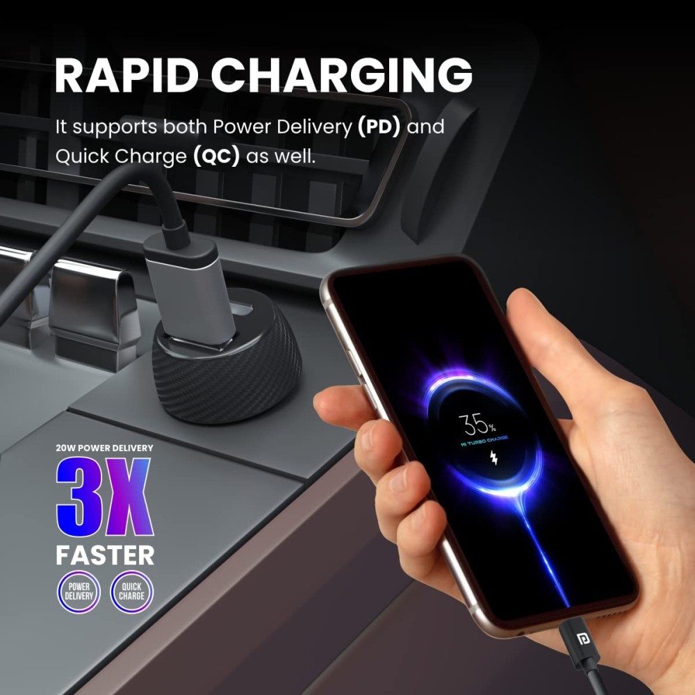 Portronics Car Power 7 20W Fast Car Charger with Dual Output (USB-C PD + USB-A), Fast Charging Car Adapter for iPhone, Android Smartphones & Tablets – (Black)