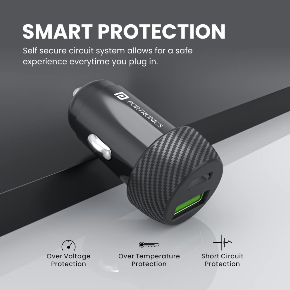 Portronics Car Power 7 20W Fast Car Charger with Dual Output (USB-C PD + USB-A), Fast Charging Car Adapter for iPhone, Android Smartphones & Tablets – (Black)