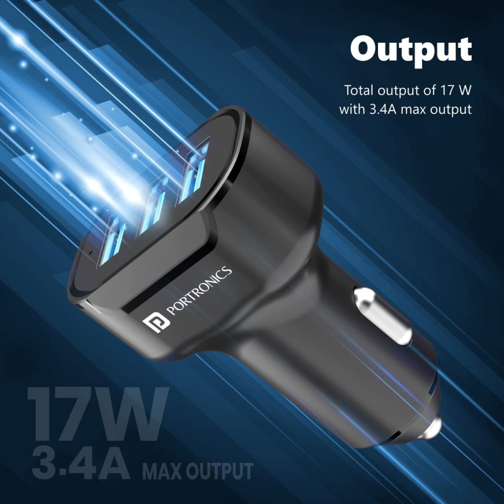 Portronics Car Power 11 17W Car Charger with Triple Output, 3.4A Fast Charging USB Car Adapter for Smartphones, Tablets & Most Cars – (Black)