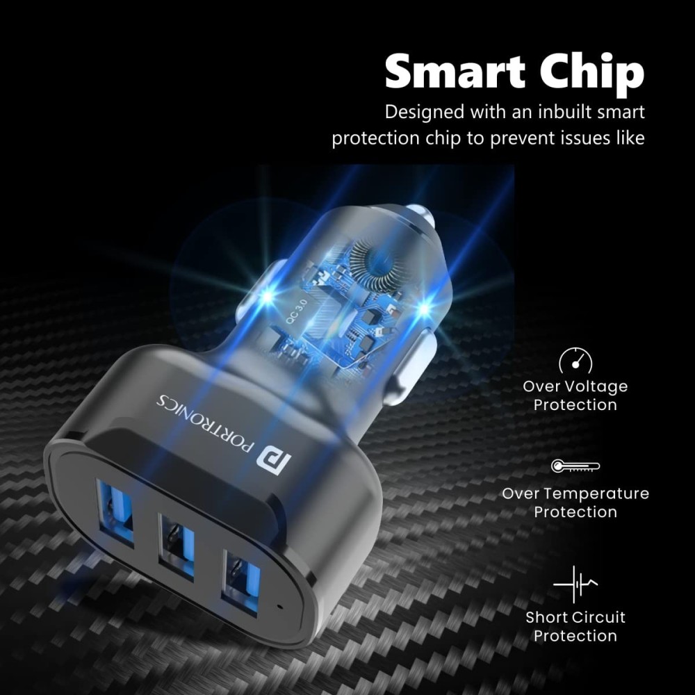 Portronics Car Power 11 17W Car Charger with Triple Output, 3.4A Fast Charging USB Car Adapter for Smartphones, Tablets & Most Cars – (Black)