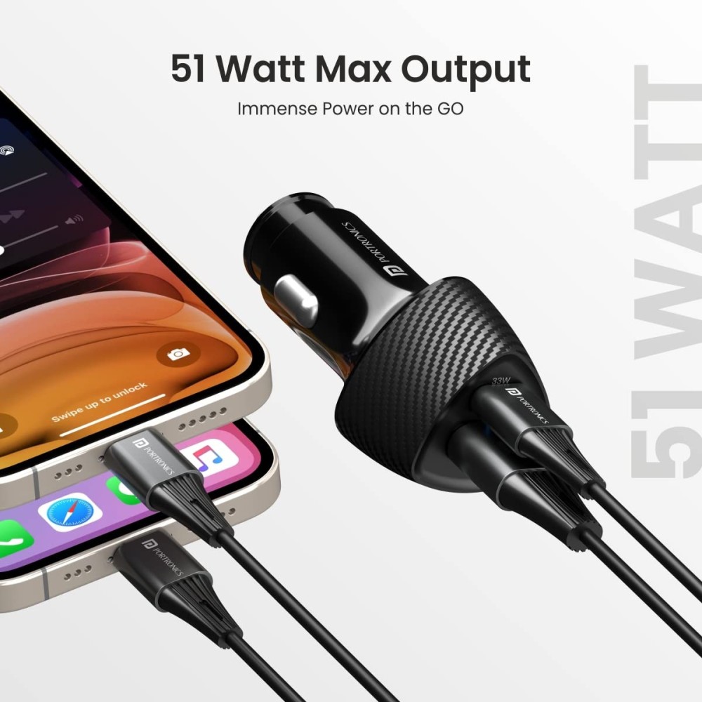 Portronics Car Power 16 51W Fast Car Charger with 33W USB-C PD & 18W USB Dual Output for iPhone, Android Smartphones & Tablets – (Black)