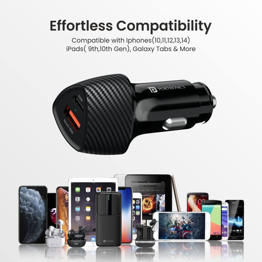 Portronics Car Power 16 51W Fast Car Charger with 33W USB-C PD & 18W USB Dual Output for iPhone, Android Smartphones & Tablets – (Black)
