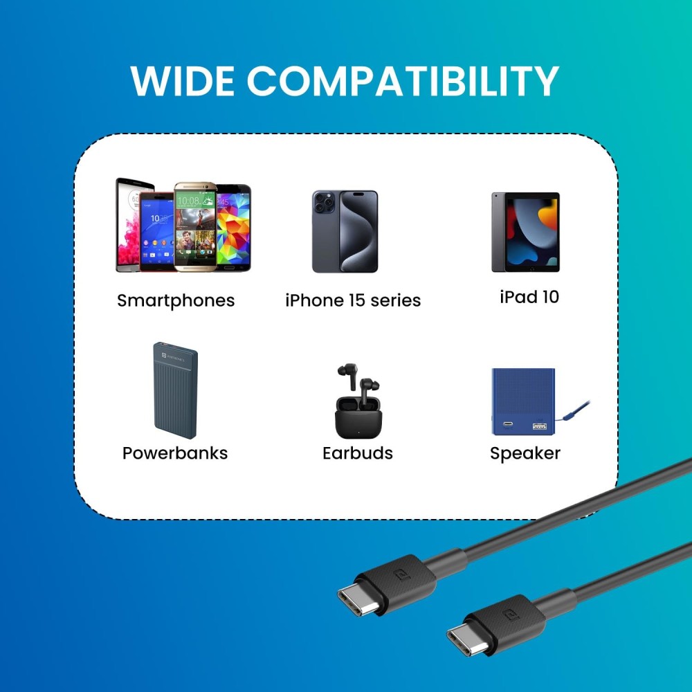 Portronics Konnect Link C Square 60W Type C to Type C Fast Charging Cable 1M Black