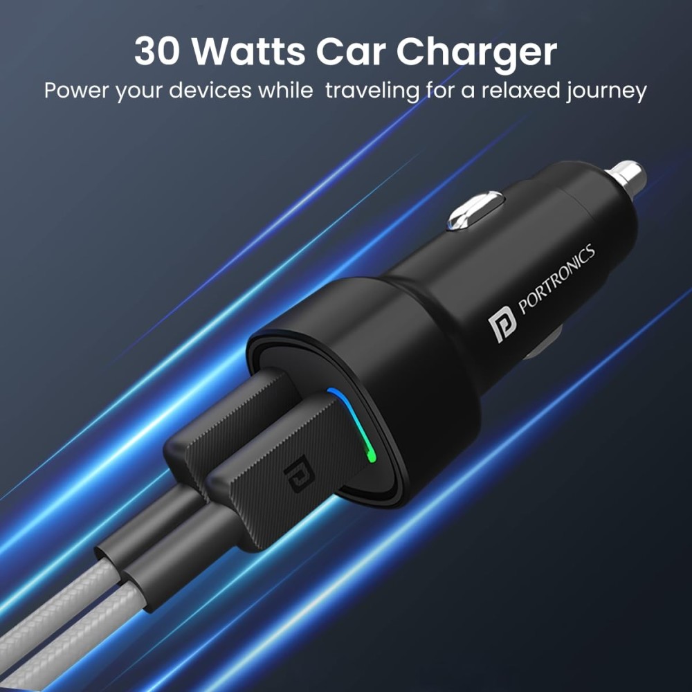 Portronics Car Power 30 Dual Output 30W Fast Car Charger with USB-C PD & USB, LED Indicator, Car Charging Adapter for iPhone, Android Smartphones & Smartwatch – (Black)