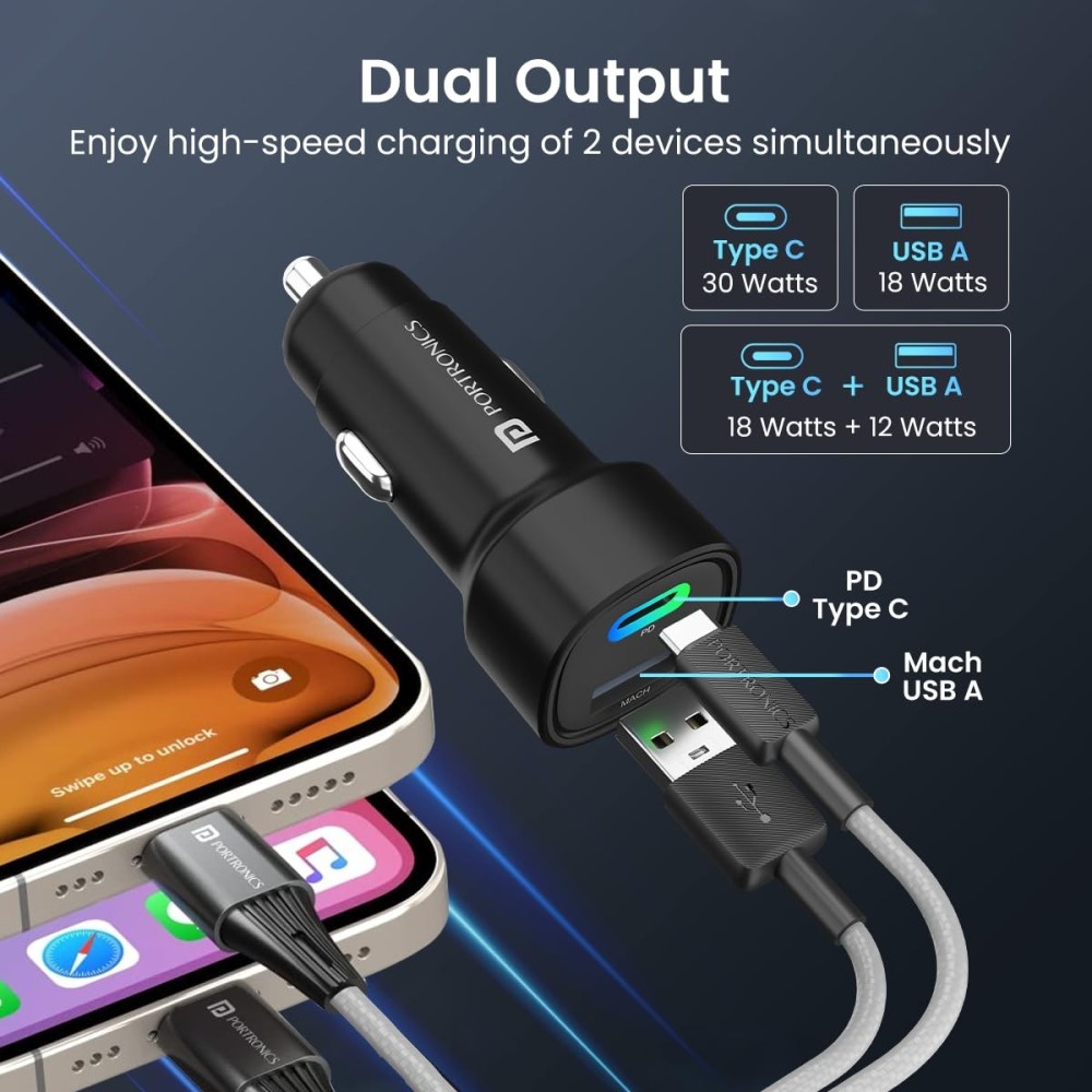 Portronics Car Power 30 Dual Output 30W Fast Car Charger with USB-C PD & USB, LED Indicator, Car Charging Adapter for iPhone, Android Smartphones & Smartwatch – (Black)