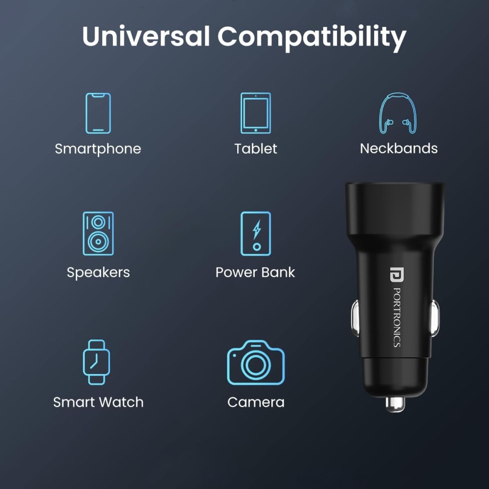 Portronics Car Power 30 Dual Output 30W Fast Car Charger with USB-C PD & USB, LED Indicator, Car Charging Adapter for iPhone, Android Smartphones & Smartwatch – (Black)