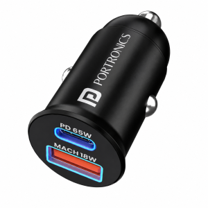 Portronics Car Power 65 65W Fast Car Charger with 100W 2m Type-C Cable, Dual Port (65W PD USB-C + 18W USB-A) Car Charging Adapter for iPhone, Android, Laptops & Tablets – (Black)