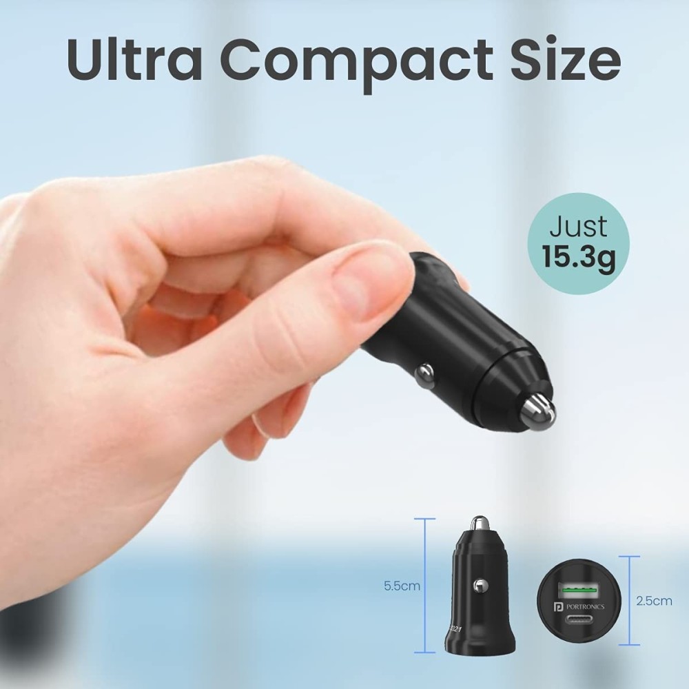 Portronics Car Power Mini 38W Dual Output Fast Car Charger with 20W USB-C PD & 18W USB Fast Charging Adapter for iPhone, Android Smartphones, Smartwatch, Earbuds & Power Bank – (Black)