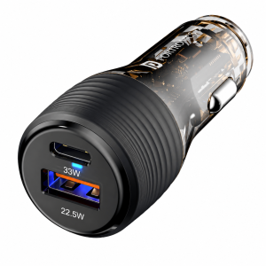 Portronics Car Power View Plus 55.5W Transparent Car Charger with 33W Type-C PD & 22.5W USB-A Dual Port Fast Charging Adapter for iPhone, Android Smartphones, Tablets & Accessories - (Black)