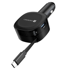 Portronics Car Power Flexo 60W 3-in-1 Fast Car Charger with Retractable Cable, 30W Type-C PD & 18W USB Port, Dual Output Charging Adapter for Phone, Tablet, Power Bank & Earbuds - (Black)
