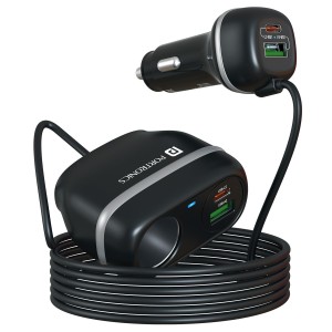 Portronics Car Power Trail 111W Fast Car Charger with 4 Ports, Dual 30W Type-C PD & Dual 22.5W USB-A, Front & Rear Seat Charging Adapter with Cigarette Lighter Socket for Smartphones, Tablets