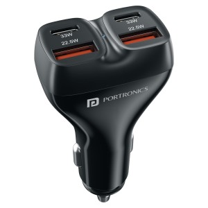 Portronics Car Power Quard 111W Fast Car Charger with 4 Ports, Dual 33W Type-C PD & Dual 22.5W USB-A, Multi-Device Charging Adapter for Smartphones, iPhones, Tablets & More - (Black)